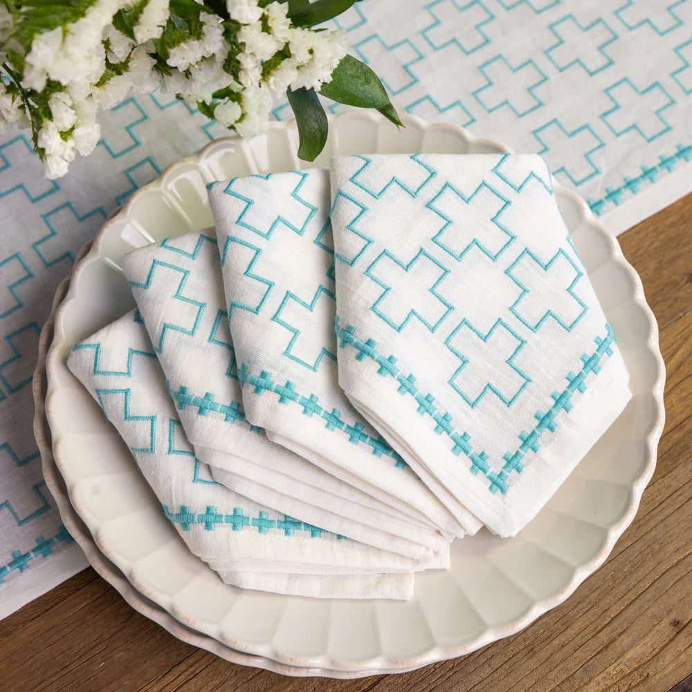 India Hicks Home Embroidered Grand Cross Palladian Blue Napkin Set of 4