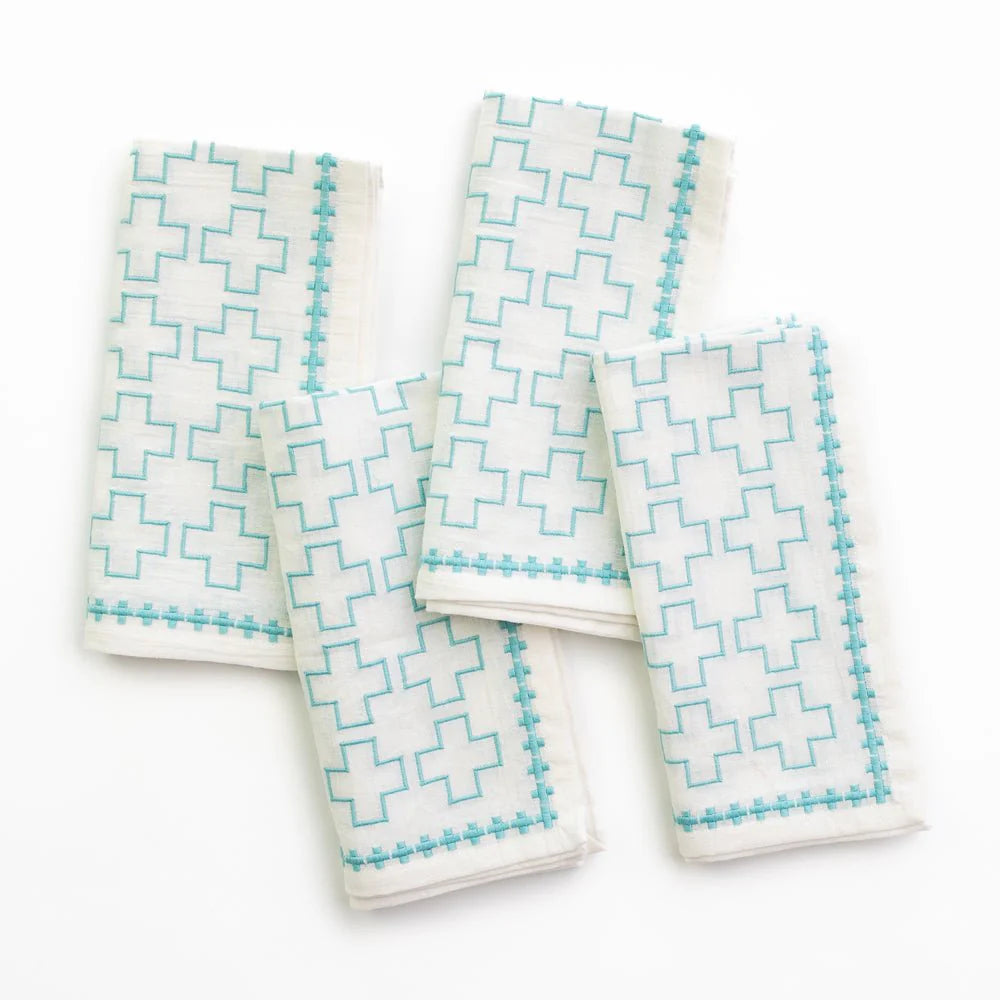 India Hicks Home Embroidered Grand Cross Palladian Blue Napkin Set of 4