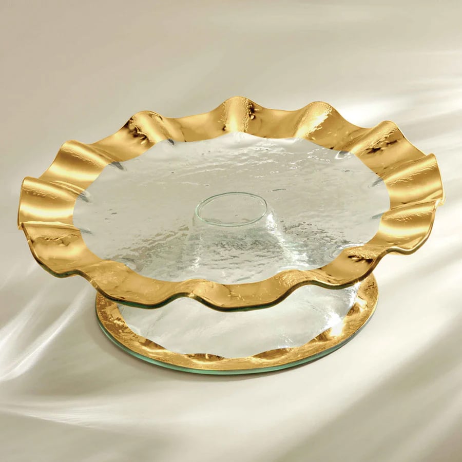 Annieglass Gold Ruffle Pedestal Cake Plate