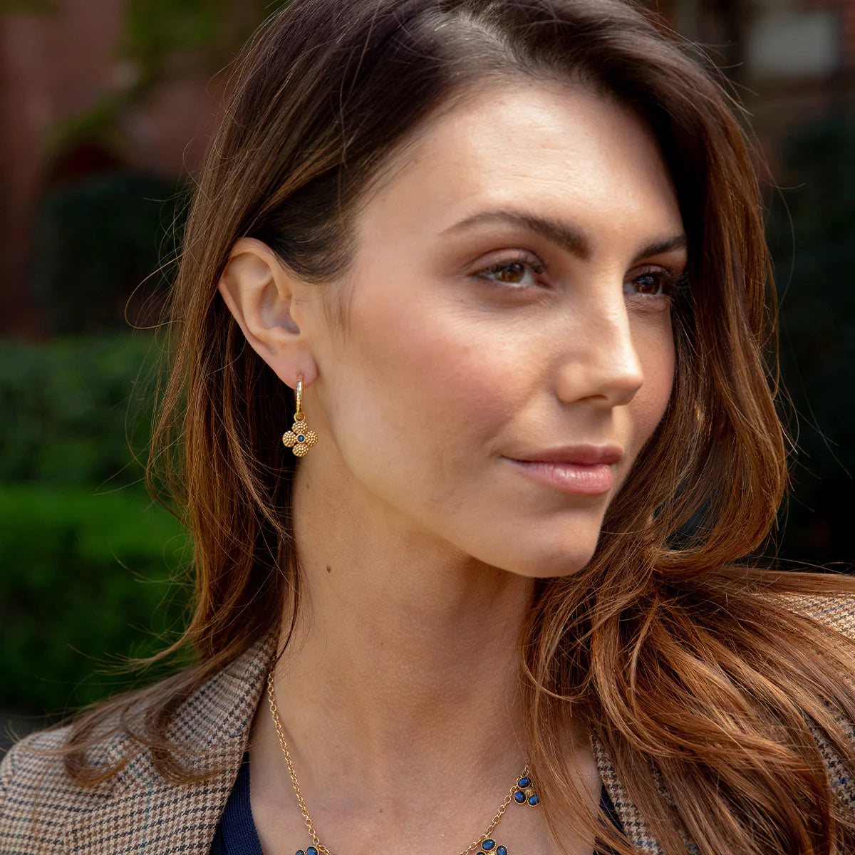 Berry Clover Hoop Earrings with Double Sided Charm - Blue Labradorite
