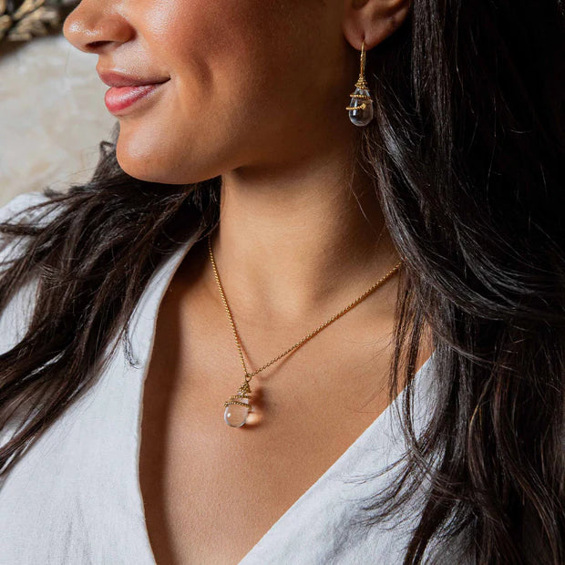 Lily Drop Lily Charm Necklace, 16"+2" - Clear Quartz