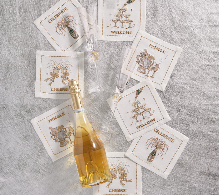 Cheers Cocktail Napkin in White, Gold & Silver, Set of 8 in a Gift Box