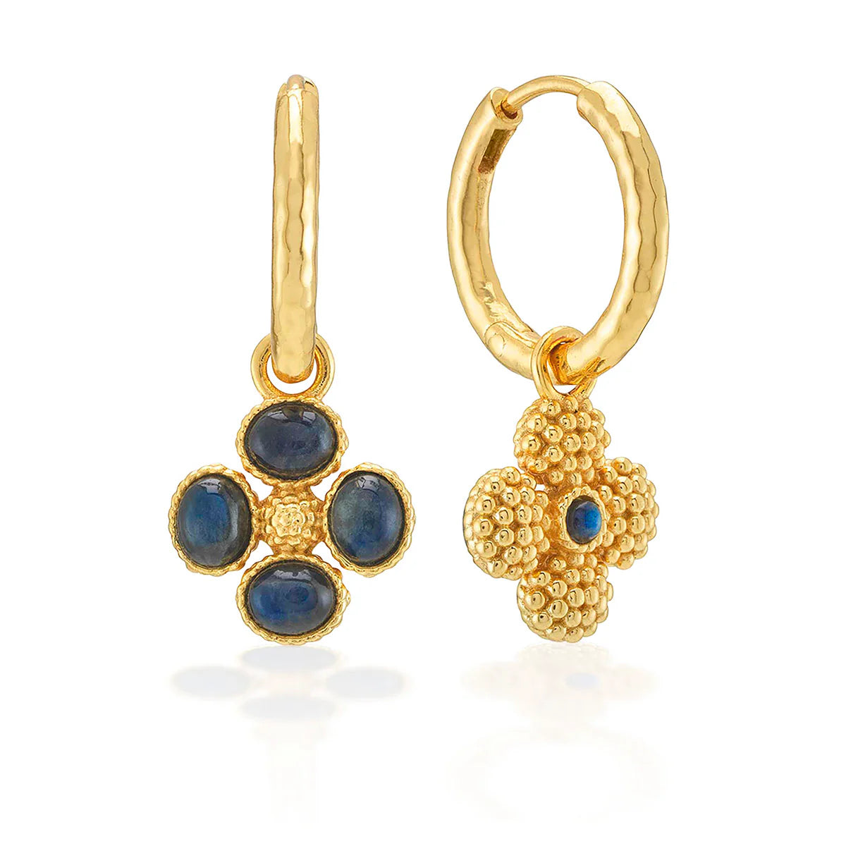 Berry Clover Hoop Earrings with Double Sided Charm - Blue Labradorite