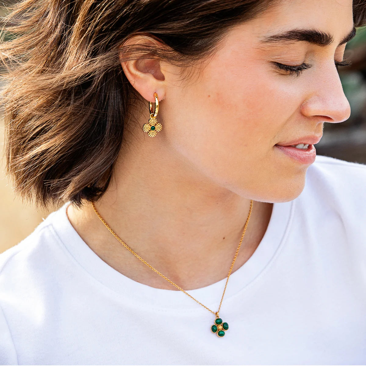 Berry Clover Hoop Earrings with Double Sided Charm - Malachite