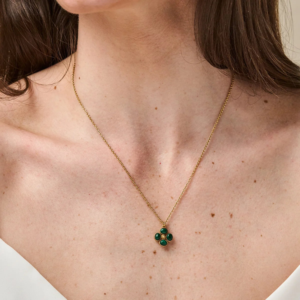 Berry Clover Double Sided Charm Necklace, 16"+2" - Malachite