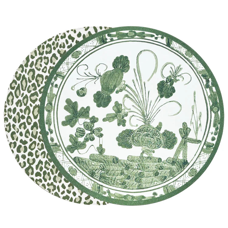 VIDA Faenza and Cheetah Reversible Round Placemats Set of 4 White & Green