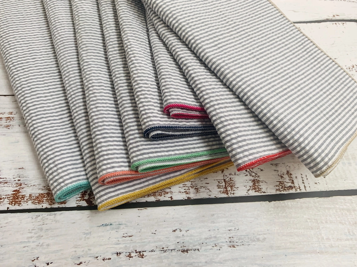 Grey Seersucker Cloth Napkins with Colorful Edges, Set of 8