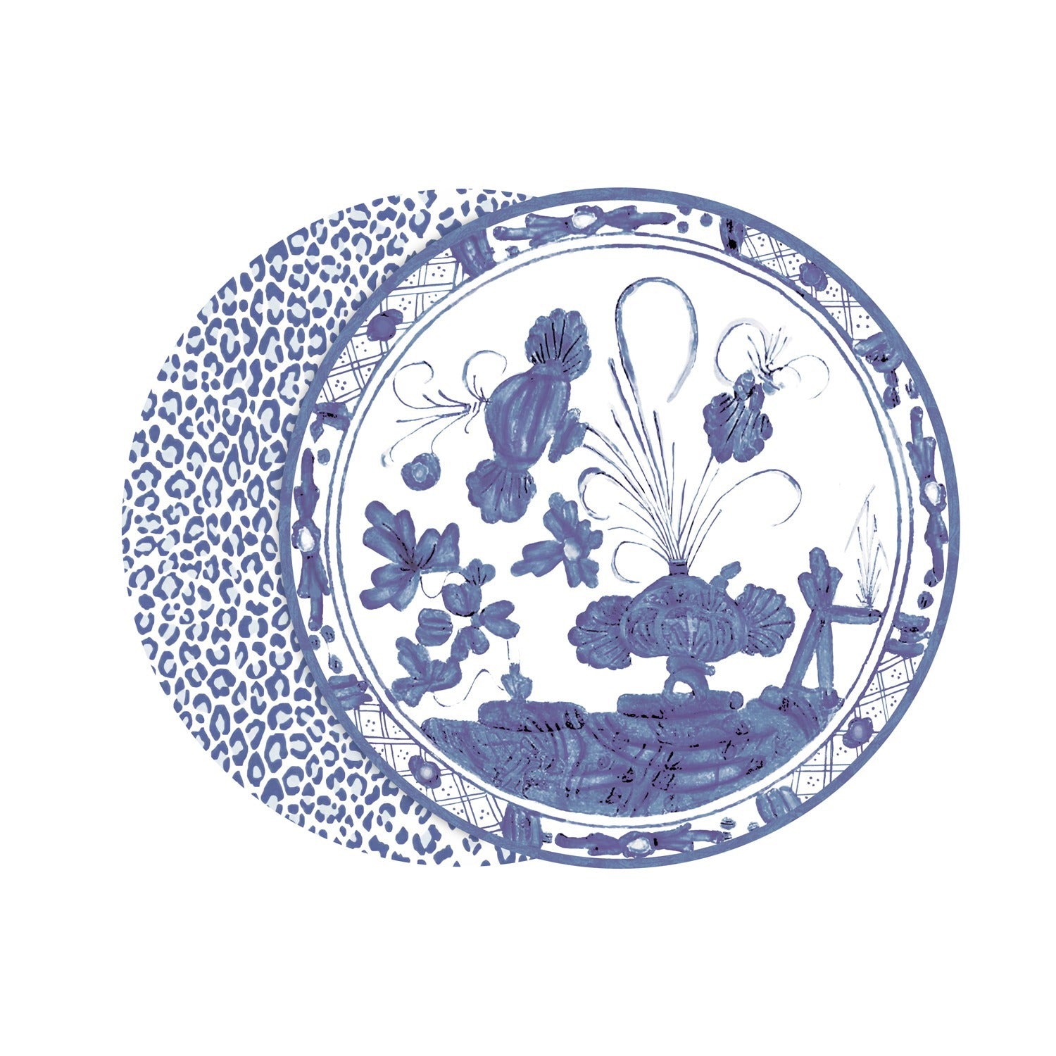 VIDA Faenza and Cheetah Reversible Round Placemats Set of 4 Blue & White