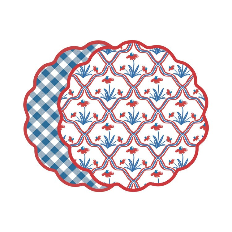 VIDA Americana Floral and Gingham Reversible Placemats Set of 4 (Red & Blue)