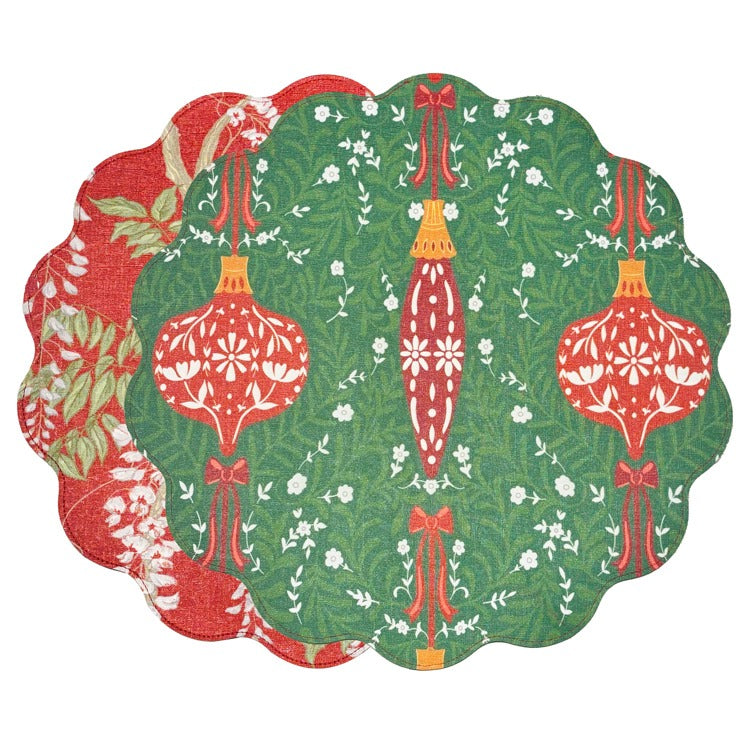 VIDA Holiday Wisteria & Ornaments Reversible Round Placemats Set of 4 (Red & Green)