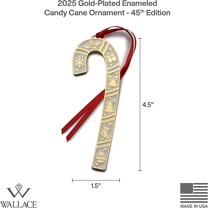 Wallace 2025 Gold Plated and Enameled Candy Cane Ornament 45th Edition