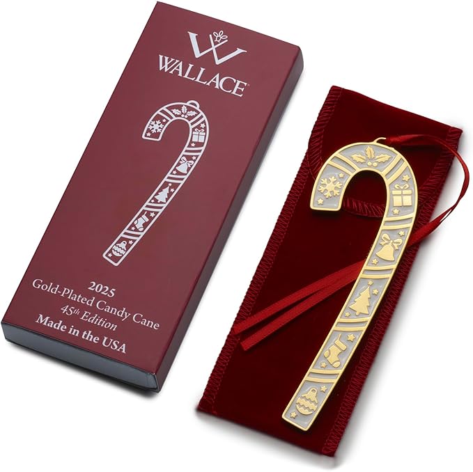 Wallace 2025 Gold Plated and Enameled Candy Cane Ornament 45th Edition