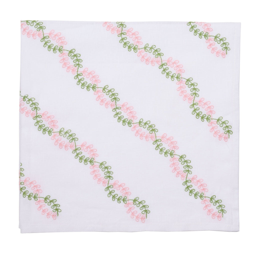 2-Tone Vine Embroidered Napkin - Spring Green & Light Pink