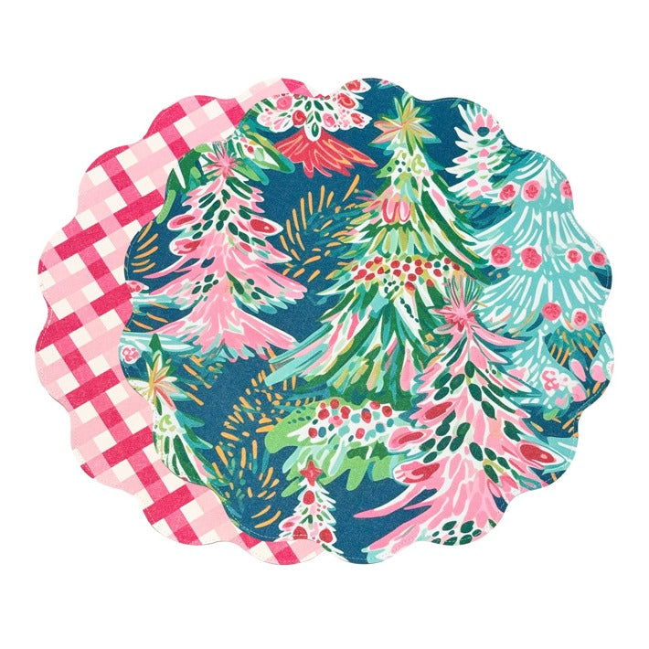 VIDA Holiday Trees and Preppy Plaid Reversible Round Placemats Set of 4 (Pink & Green)