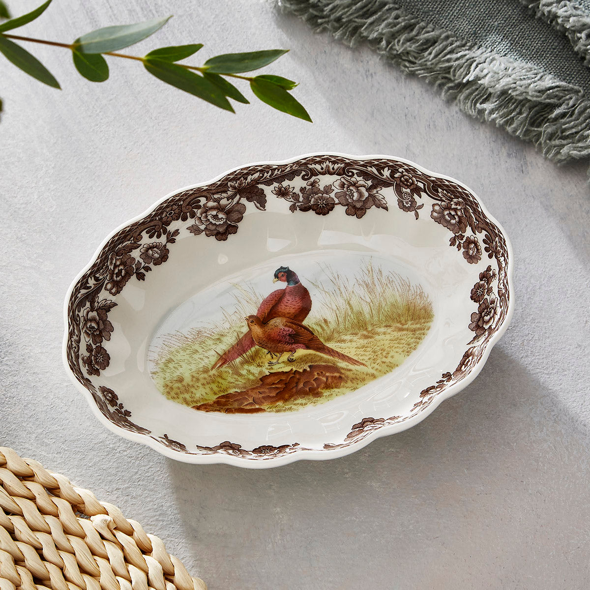 Woodland Pheasant Oval Fluted Dish 6in