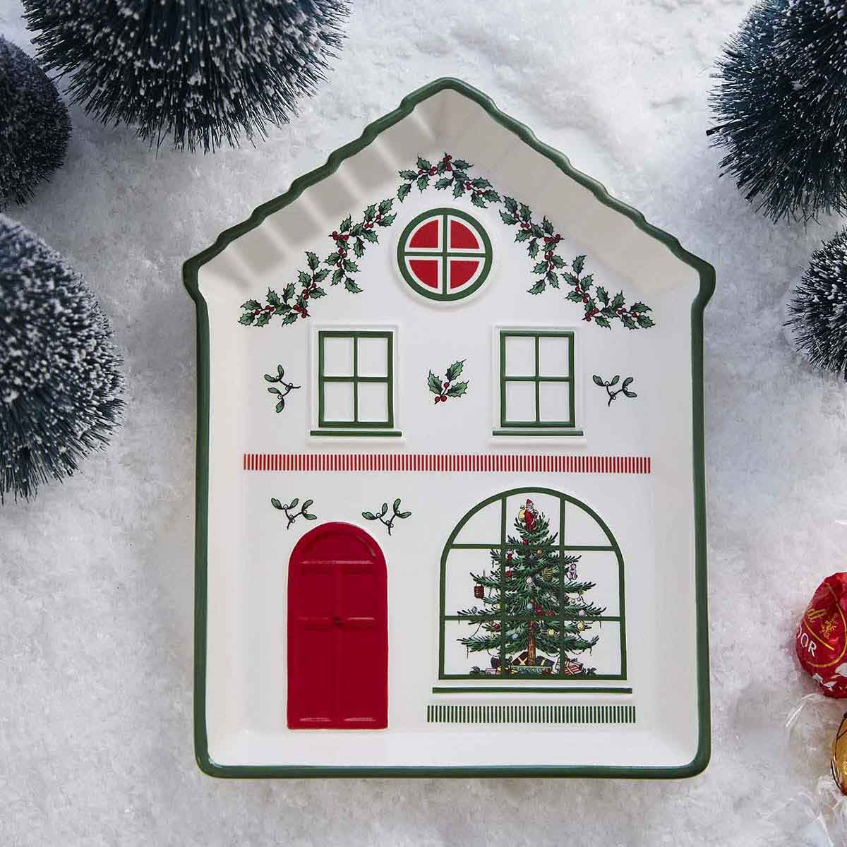 Christmas Tree Village Green Tidbit Tray
