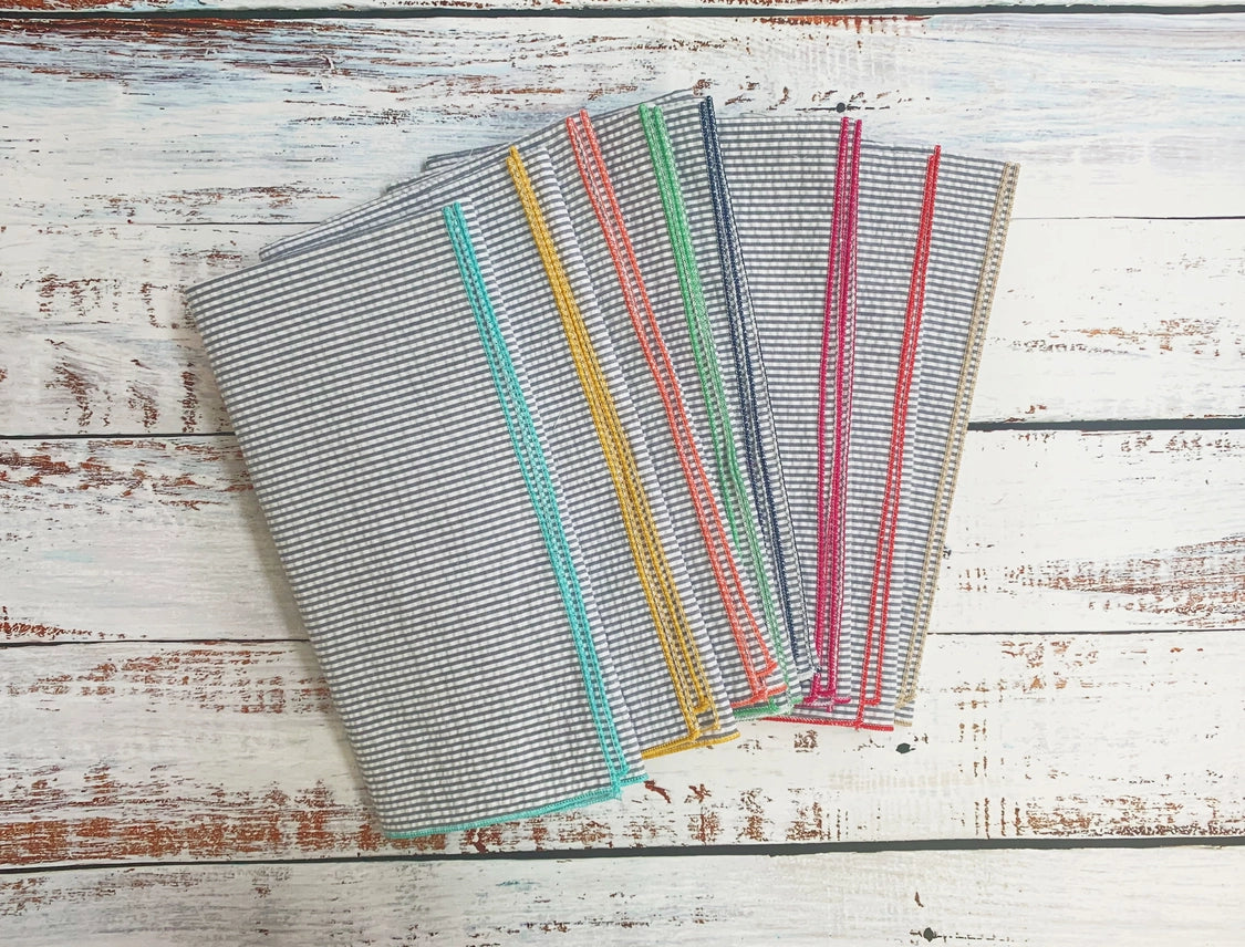 Grey Seersucker Cloth Napkins with Colorful Edges, Set of 8