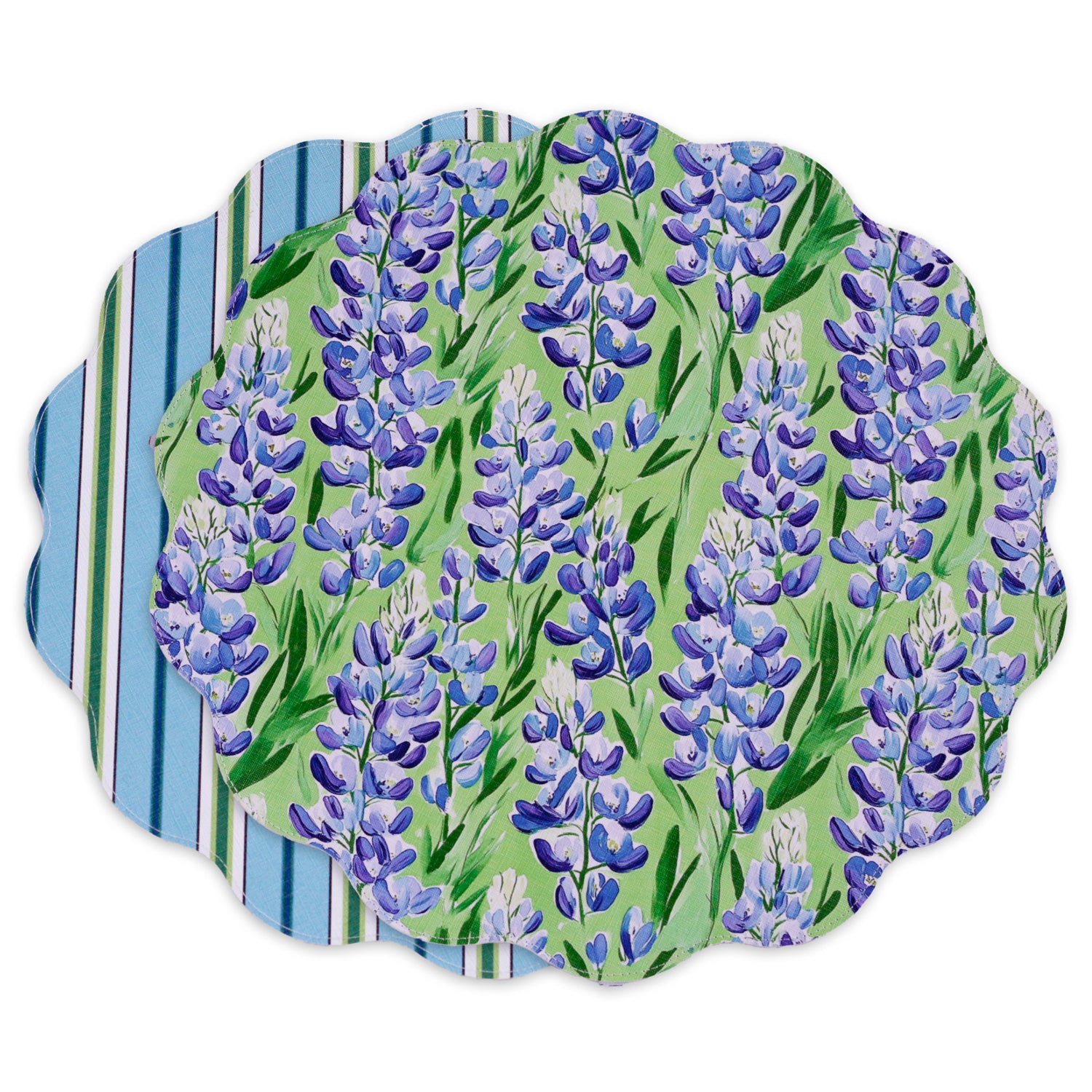 VIDA Bluebonnet & Stripes Reversible Round Placemats Set of 4 (Blue & Green)