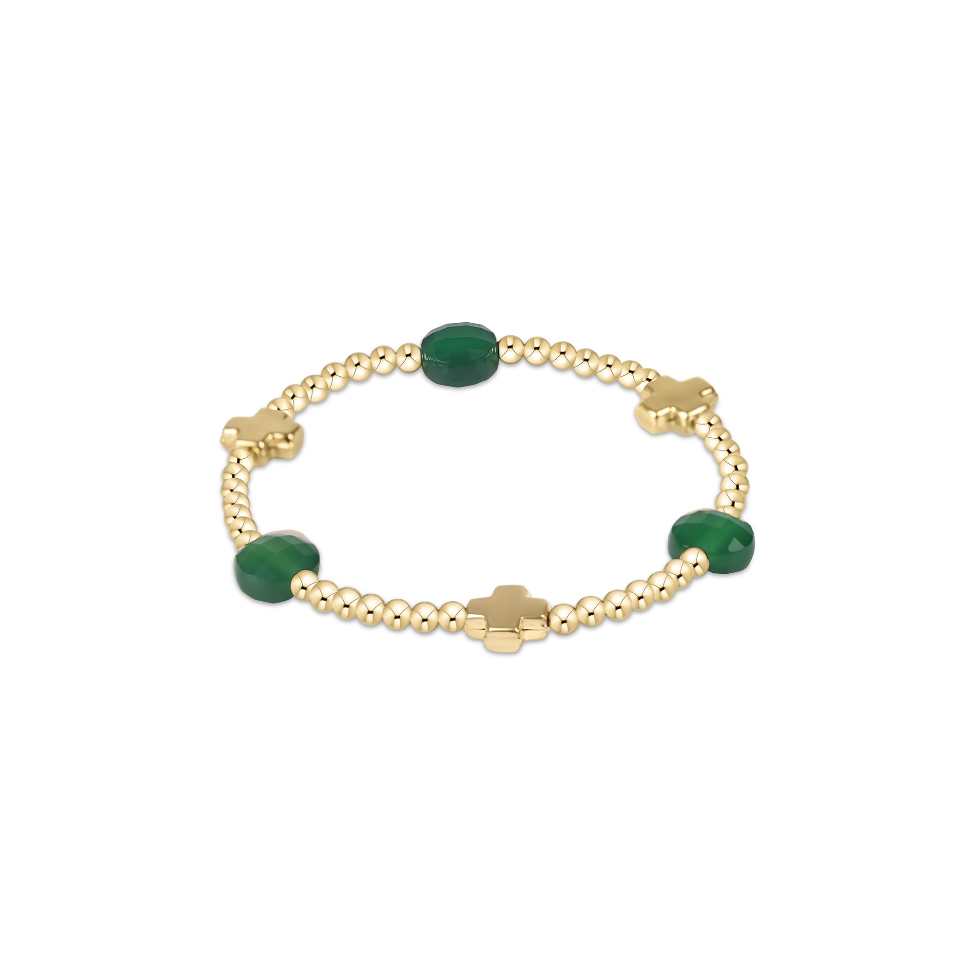 Signature Cross Admire Gold Pattern 3mm Bead Bracelet - Green Onyx