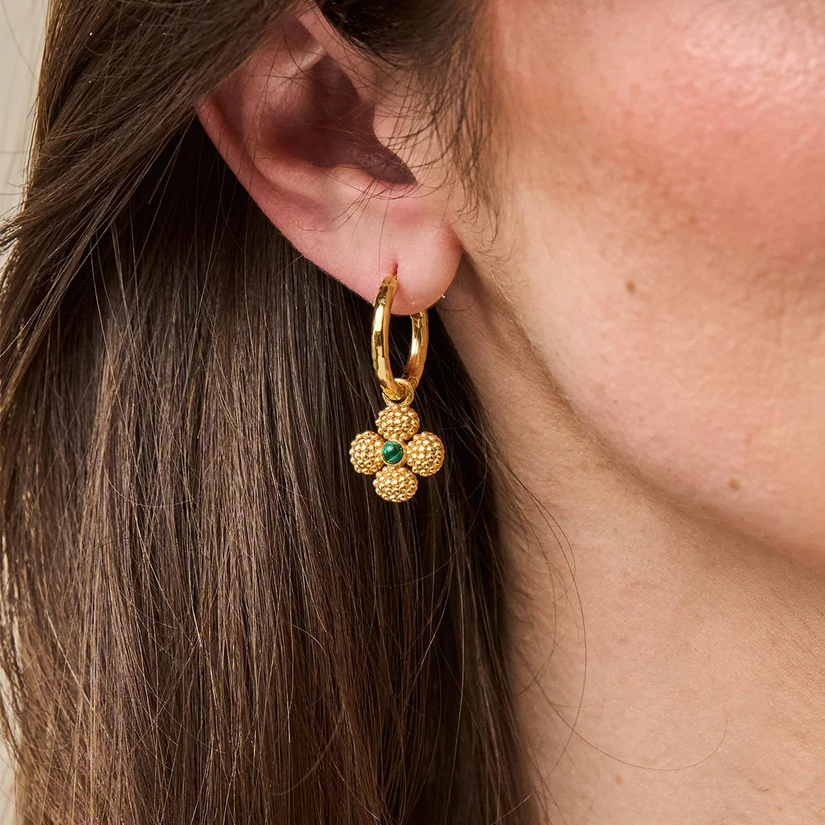 Berry Clover Hoop Earrings with Double Sided Charm - Malachite