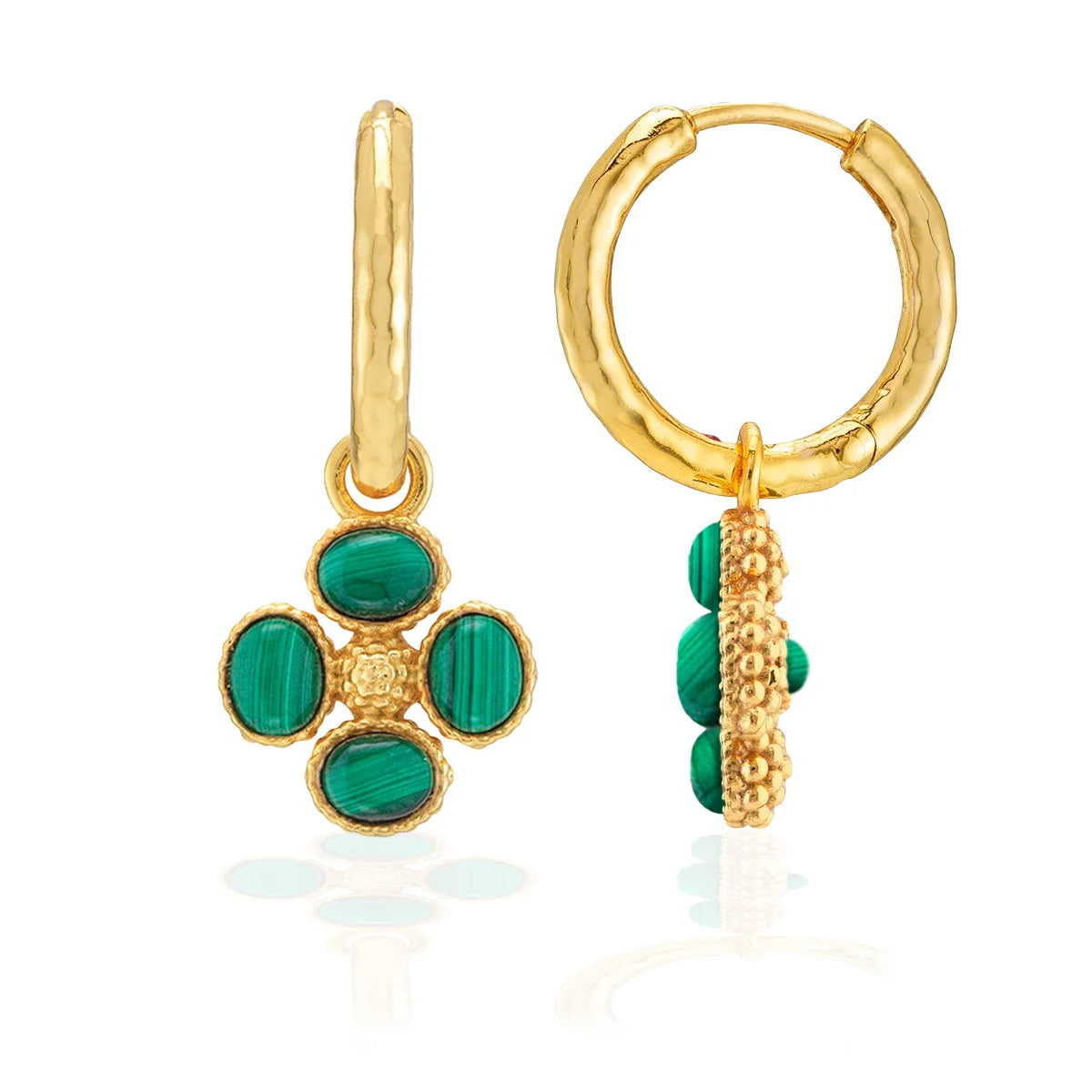 Berry Clover Hoop Earrings with Double Sided Charm - Malachite