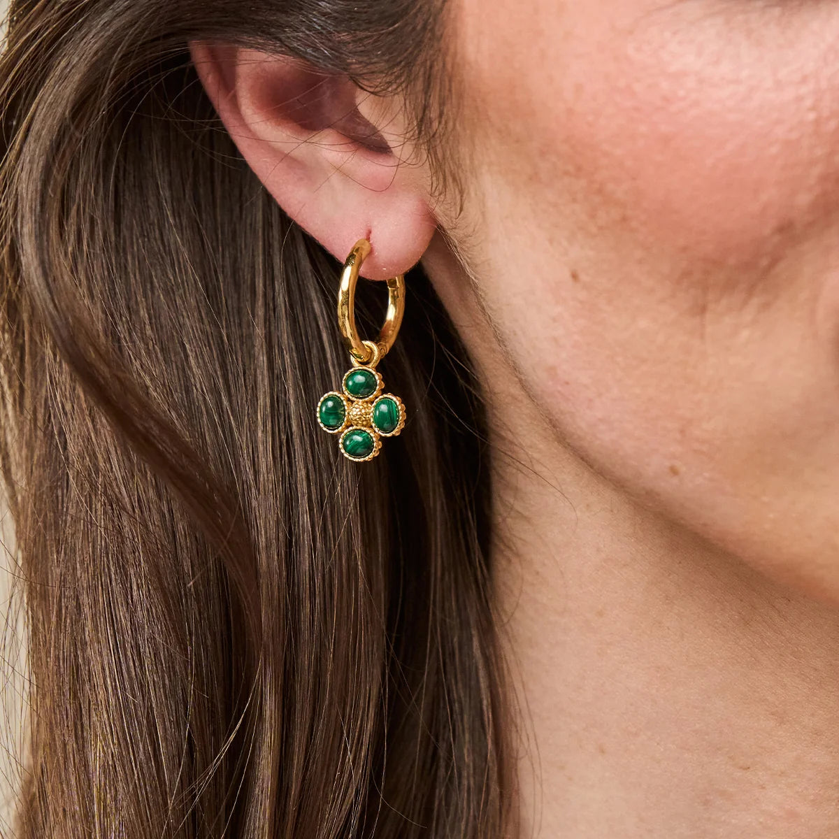 Berry Clover Hoop Earrings with Double Sided Charm - Malachite