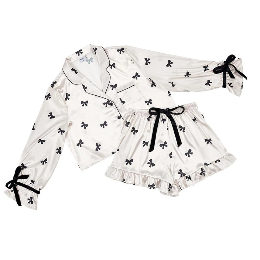 Ivory Black Bow Silky Pajama Set