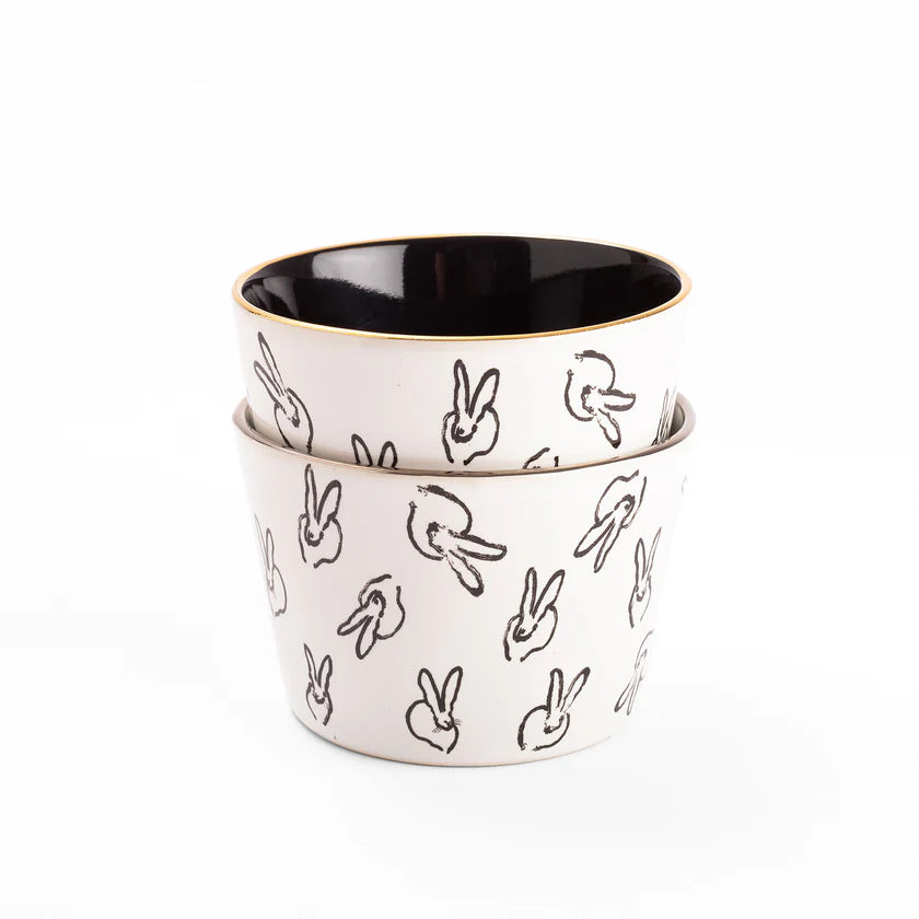 Bunny Bar Bowl with Black Interior & Hand-Painted Gold Rim