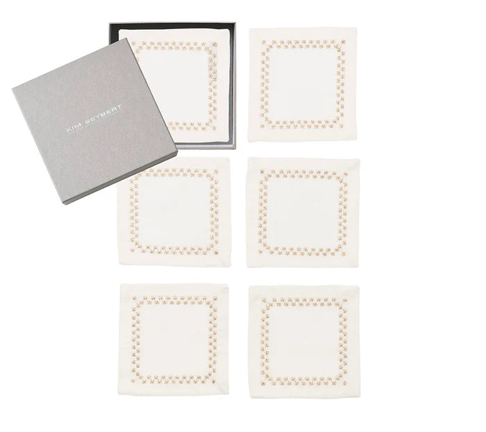 Starry Night Cocktail Napkin in White & Gold, Set of 6 in a Gift Box