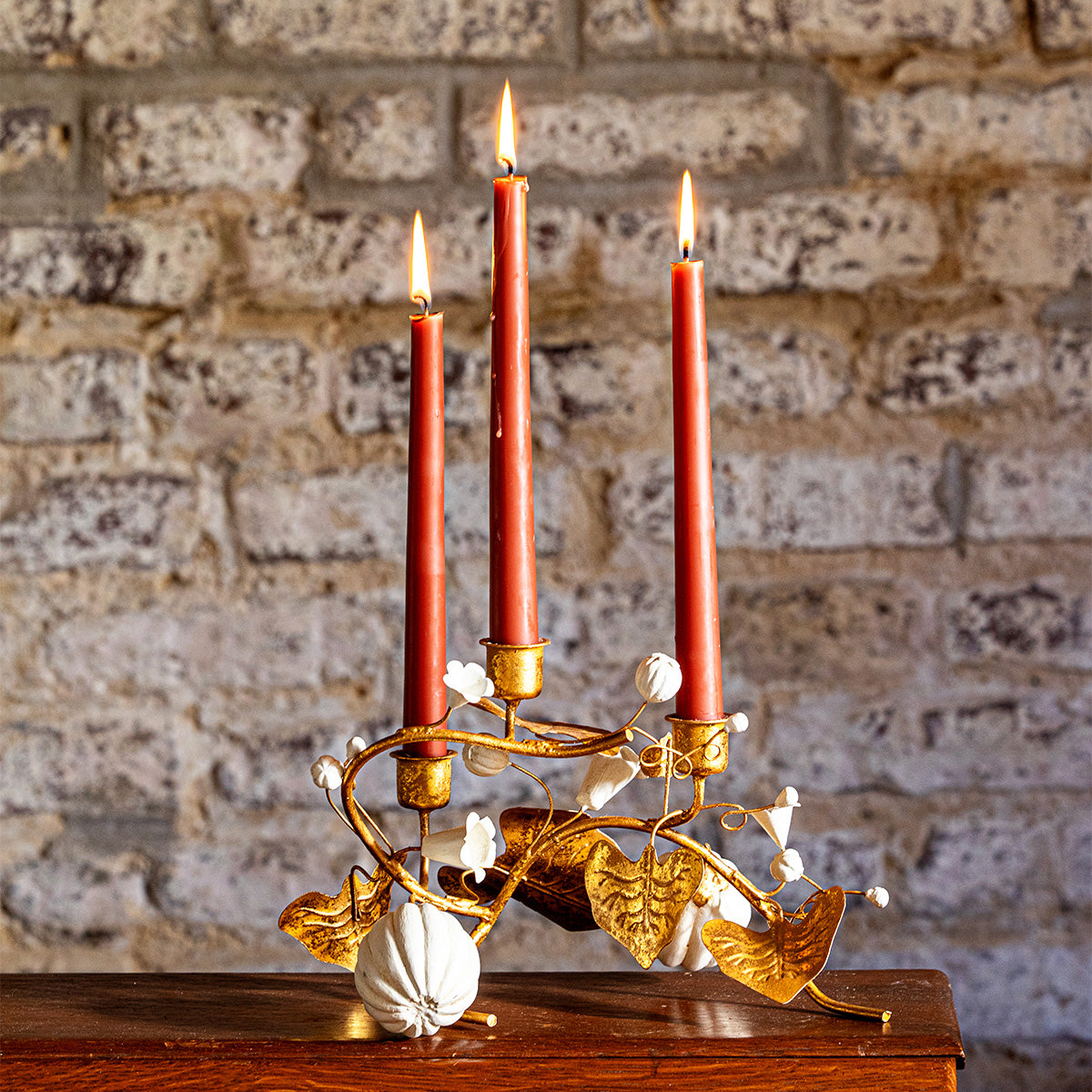 Forest Walk Pumpkin & Vine Triple Candlestick Holder - Gold