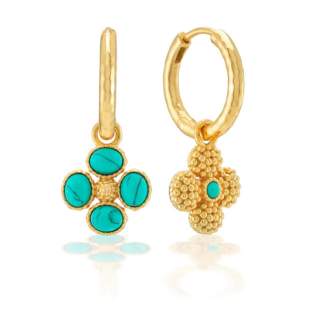 Berry Clover Hoop Earrings with Double Sided Charm - Turquoise