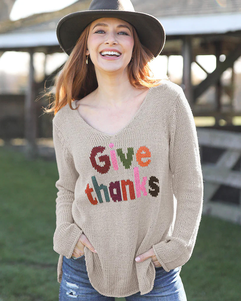 Give Thanks V Neck Sweater