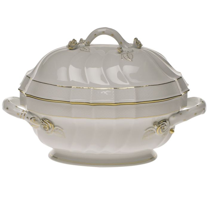 Golden Edge Tureen with Branch Handle 2QT