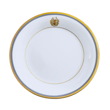 Charlotte Moss Ultra-White Stag Motif On Rim - Salad - Gold and Gray-Blue Band