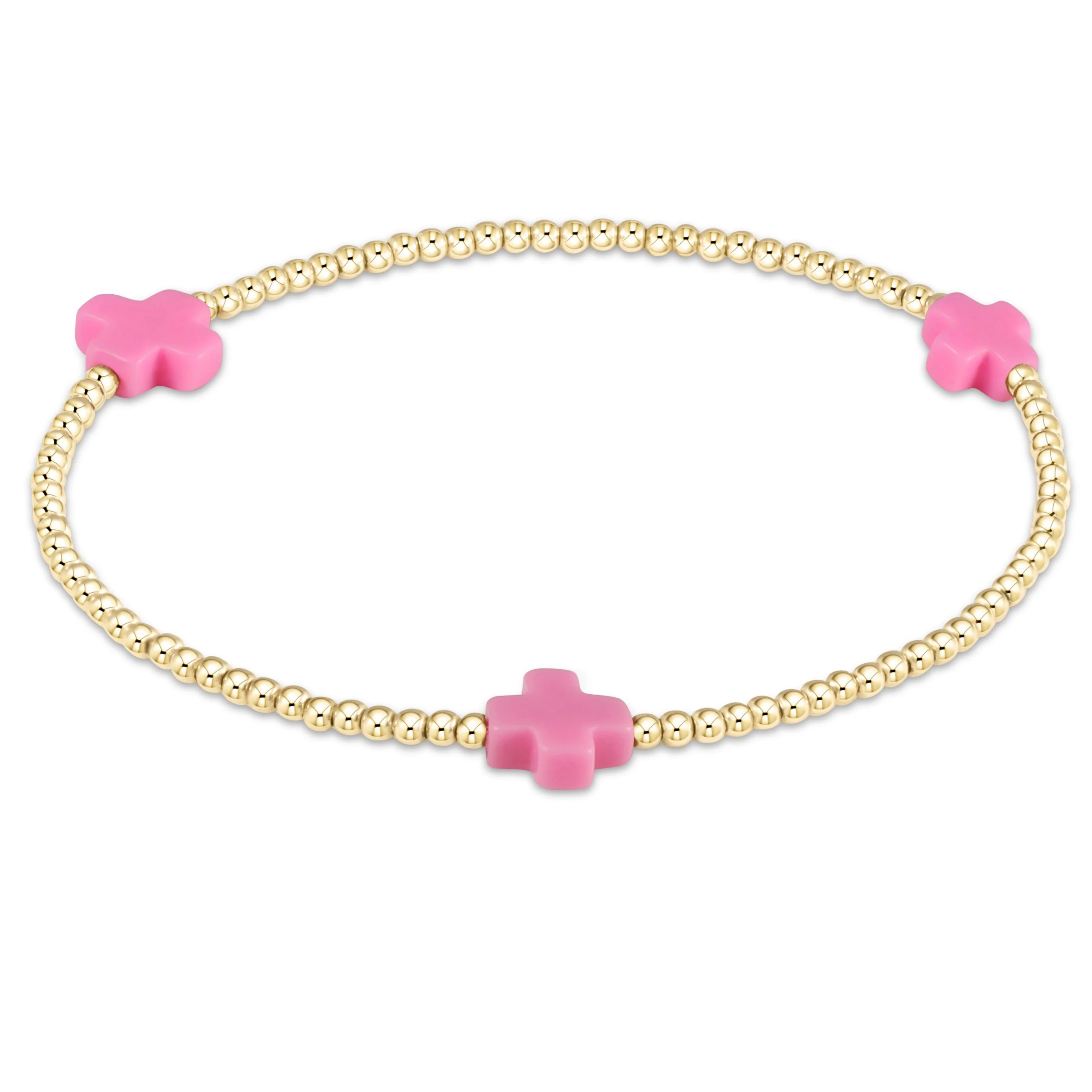 Signature Cross 2mm Gold Bead Bracelet -  Bright Pink