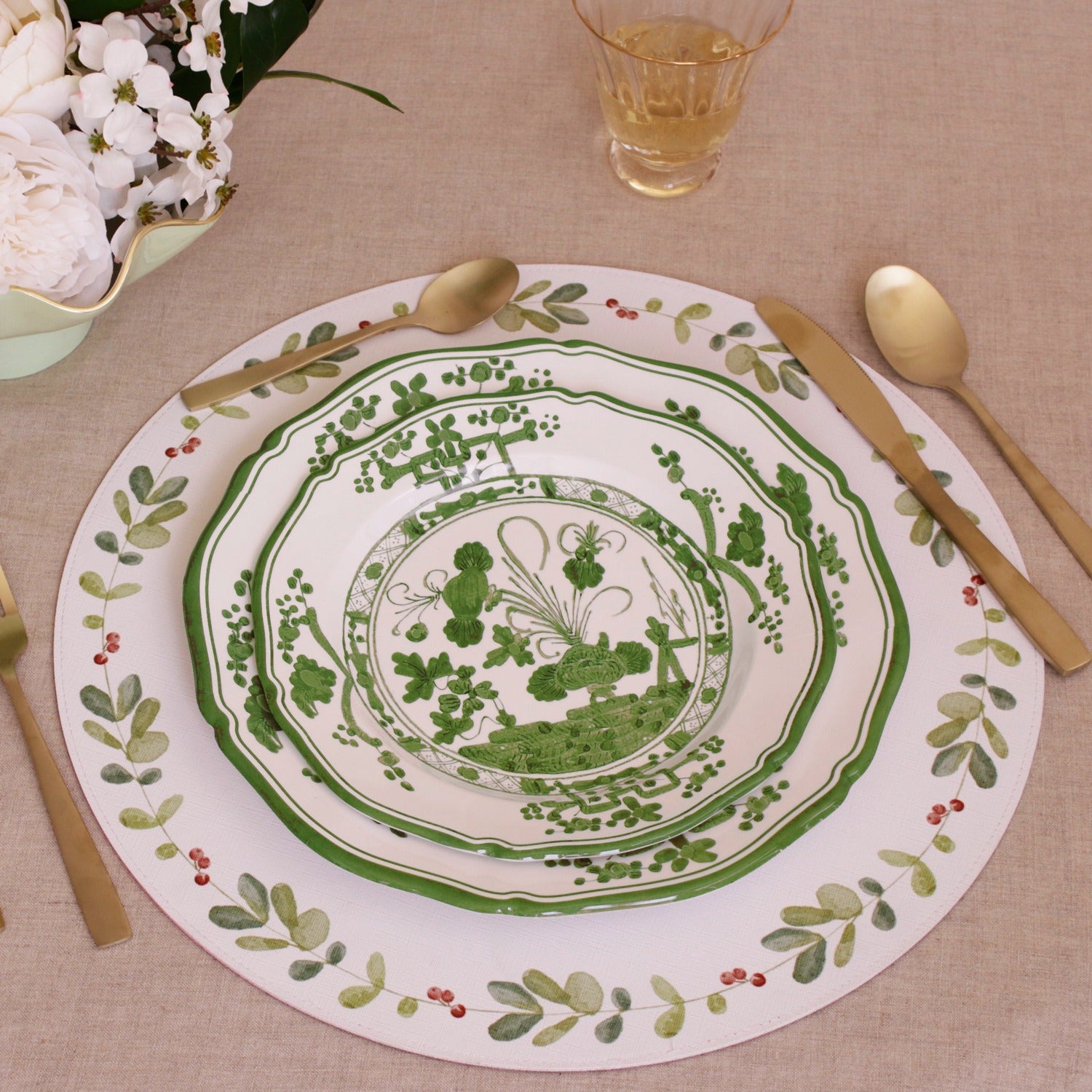 VIDA Faenza 11" Dinner Plate Set of 4 White & Green