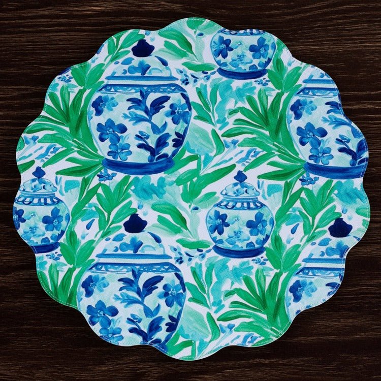 VIDA Ginger Jar & Butterflies Reversible Round Placemats Set of 4 (Blue & Green)
