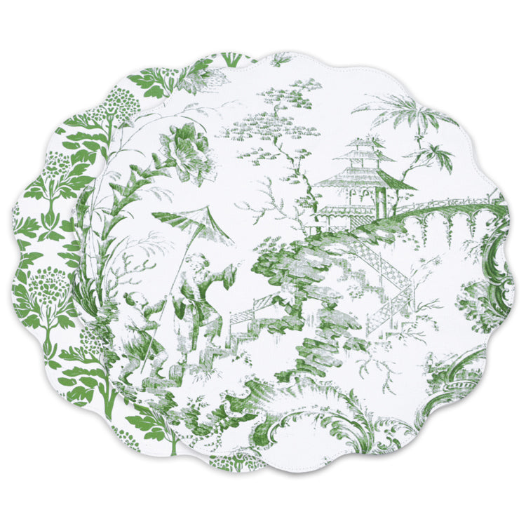 VIDA Chinoiserie Reversible Round Placemats Set of 4 (Green & White)