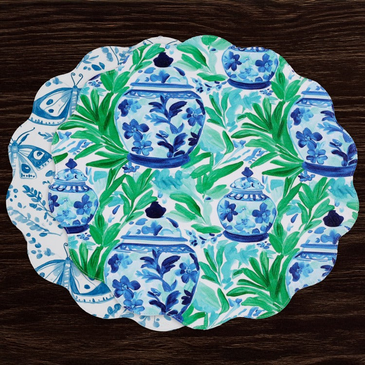 VIDA Ginger Jar & Butterflies Reversible Round Placemats Set of 4 (Blue & Green)
