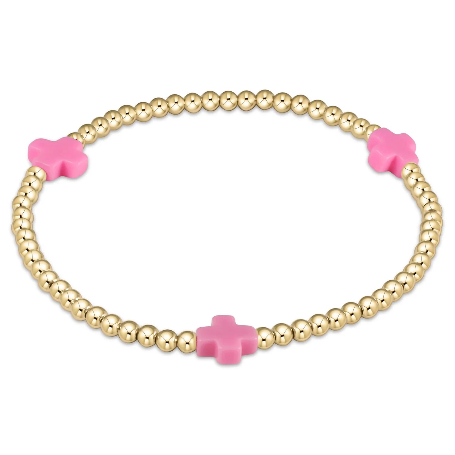 Signature Cross 3MM Gold Beaded Bracelet - Bright Pink