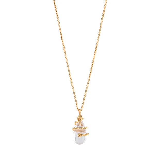 Lily Drop Lily Charm Necklace, 16"+2" - Clear Quartz