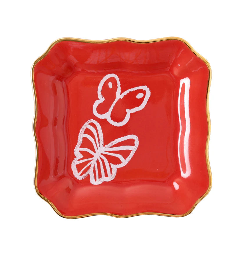 Butterfly Portrait Plate with Hand-Painted Gold Rim, Coral