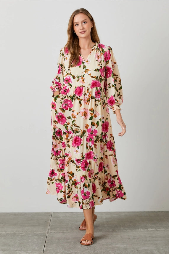 peach floral maxi dress Peach Floral Print Tiered Maxi Dress – Robert's