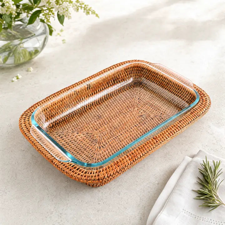 Hand Woven Rattan 3qt Rectangular Casserole Holder