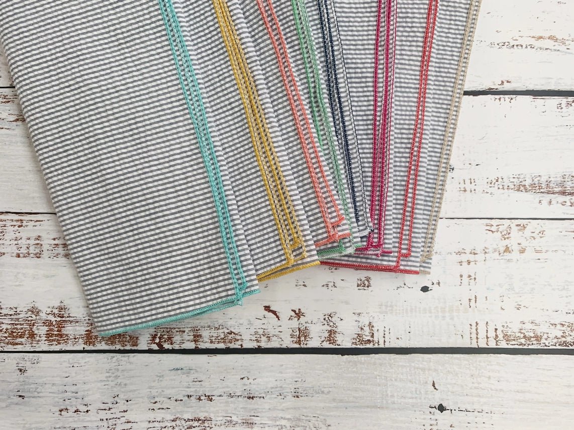 Grey Seersucker Cloth Napkins with Colorful Edges, Set of 8 - Robert's-Dot and Army-Robert's