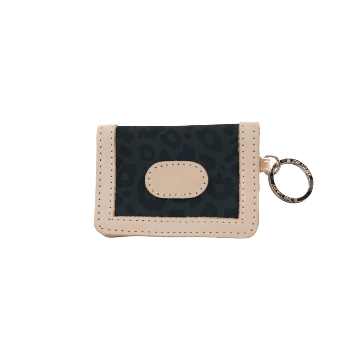 A pink and beige ID wallet with leather trim, a key ring attached, and a snapped closure.