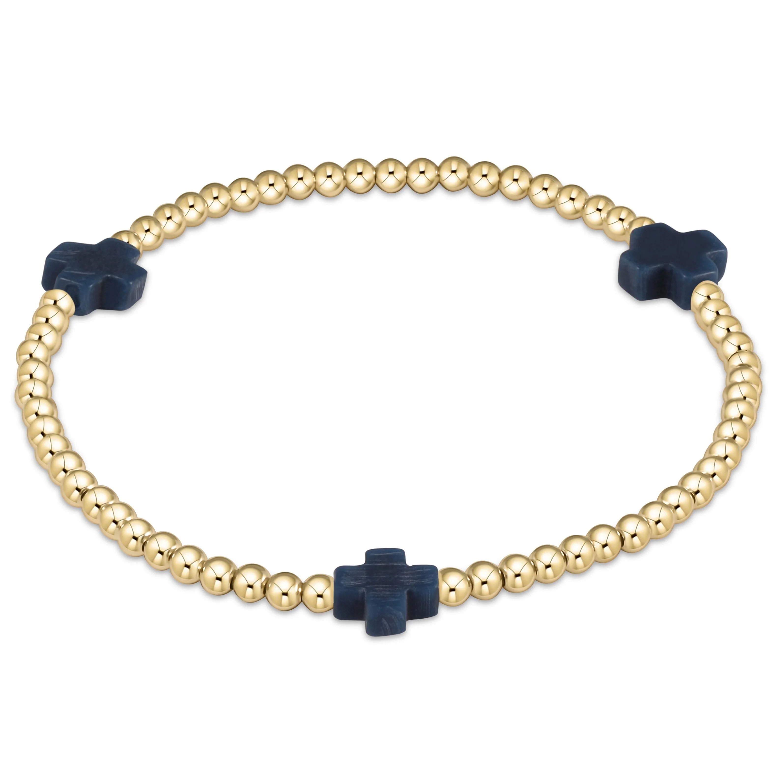 Signature Cross Gold 3MM Beaded Bracelet Navy