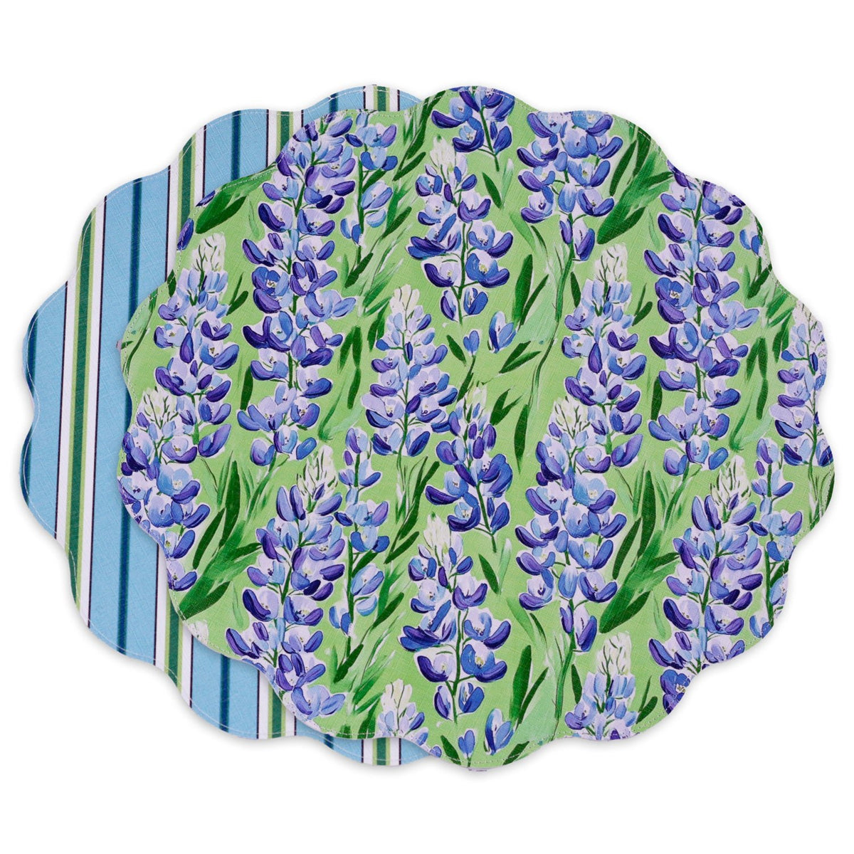 VIDA Bluebonnet & Stripes Reversible Round Placemats Set of 4 (Blue & Green) - Robert's-Beatriz Ball Collection-Robert's
