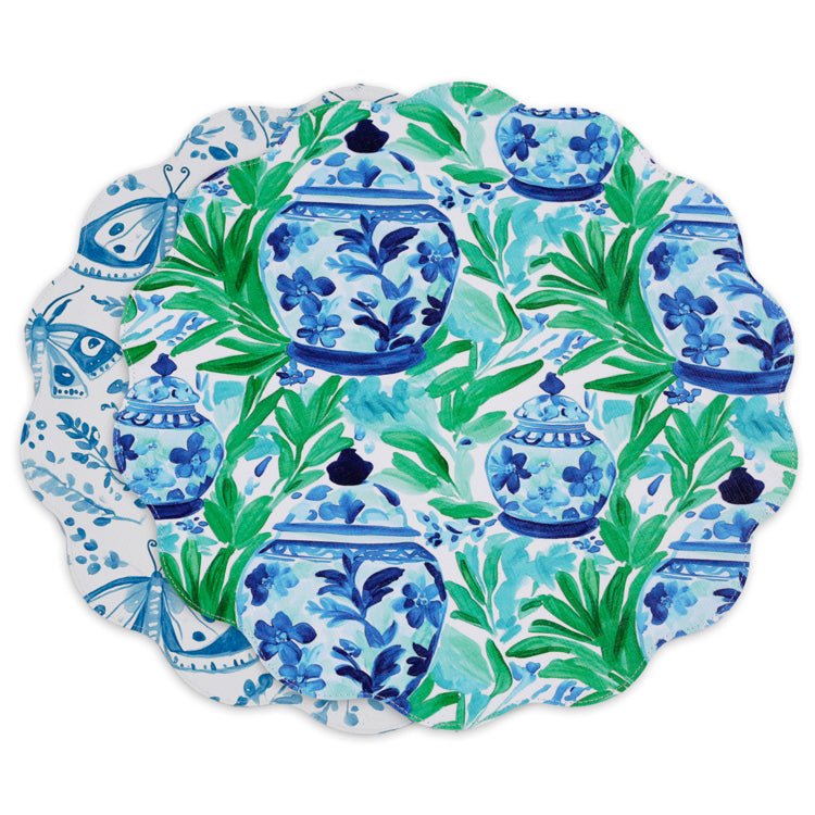 VIDA Ginger Jar & Butterflies Reversible Round Placemats Set of 4 (Blue & Green) - Robert's-Beatriz Ball Collection-Robert's