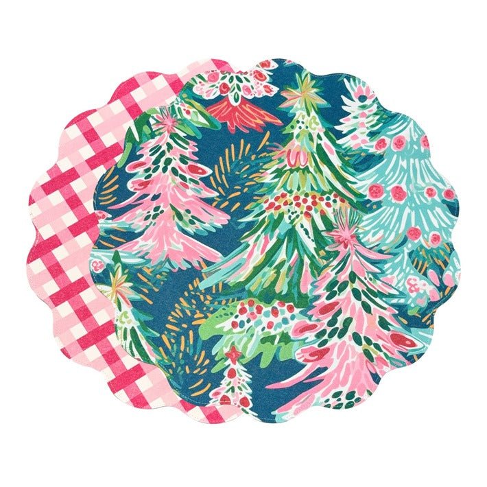 VIDA Holiday Trees and Preppy Plaid Reversible Round Placemats Set of 4 (Pink & Green) - Robert's-Beatriz Ball Collection-Robert's